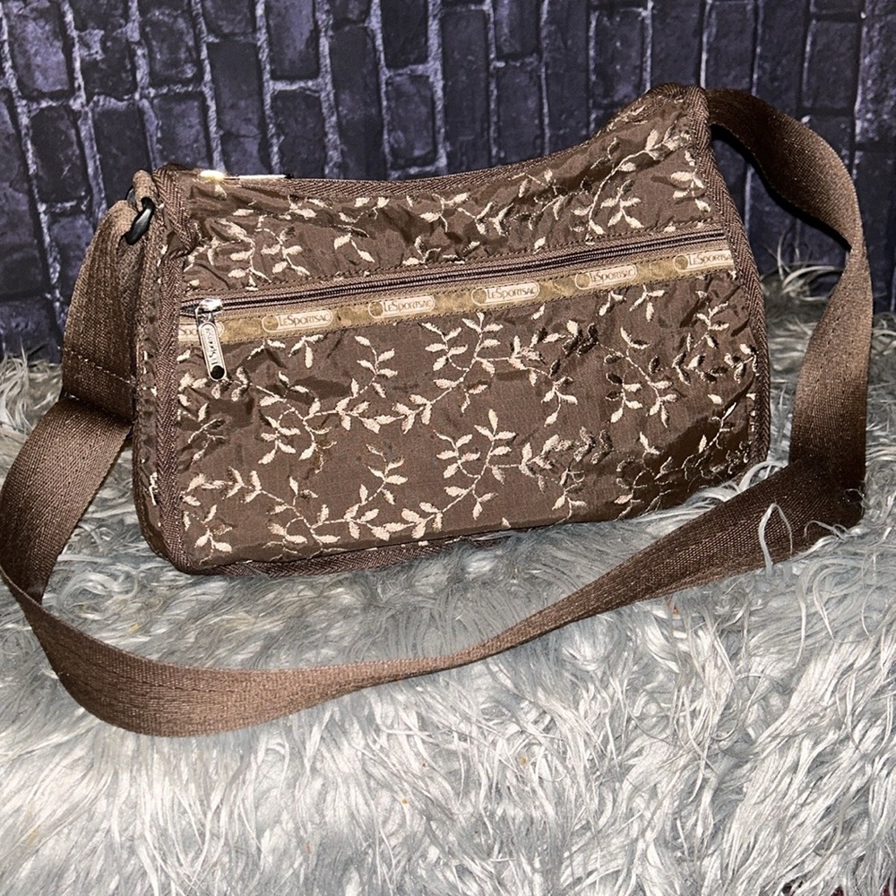 Classic LESPORTSAC Embroidered Floral Leaves Hobo Crossbody Bag HTF RARE